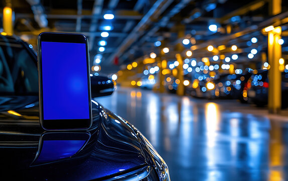 Smartphone with blank screen placed on a car hood in a brightly lit parking garage, suggesting navigation or car service tech.