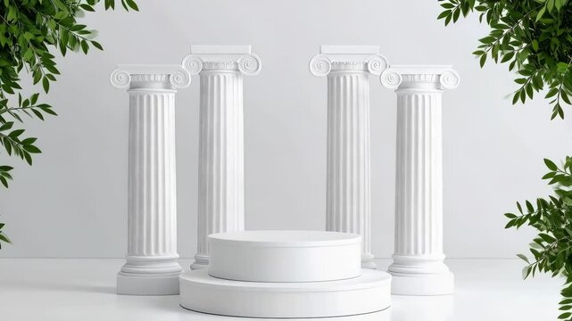 White display podium with Ionic order columns and green plants for product presentation or art exhibition on a clean white background