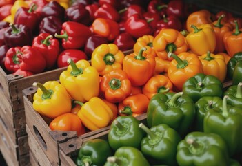 Stacked crates filled with vibrant bell peppers in various colors