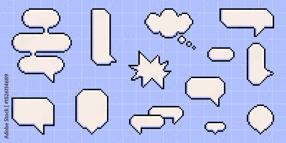 Fototapete pixel art speech bubble collection on blue grid - 8 bit chat balloons in various design shapes. retr