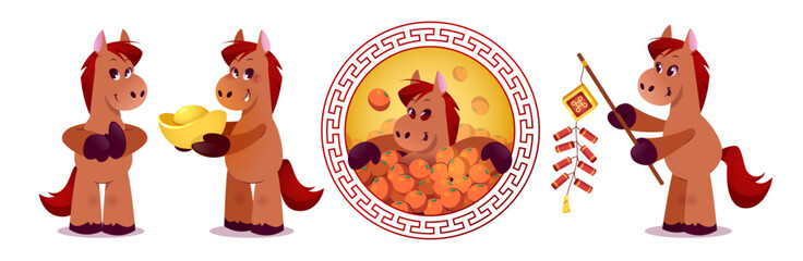 Cheerful cartoon horse celebrates lunar festivities - brown pony with red mane holds golden ingot, tangerines in decorative circle frame, firecrackers on string. Zodiac mascot for CNY greeting cards.