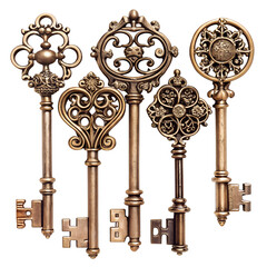 Obraz premium Old-fashioned key set with ornate details on transparent background