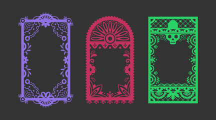 Mexican papel picado frame border set - purple rectangular cutout with flowers and leaves, pink arch design with sunburst motif, green rectangle with skull patterns for dia de muertos celebrations.