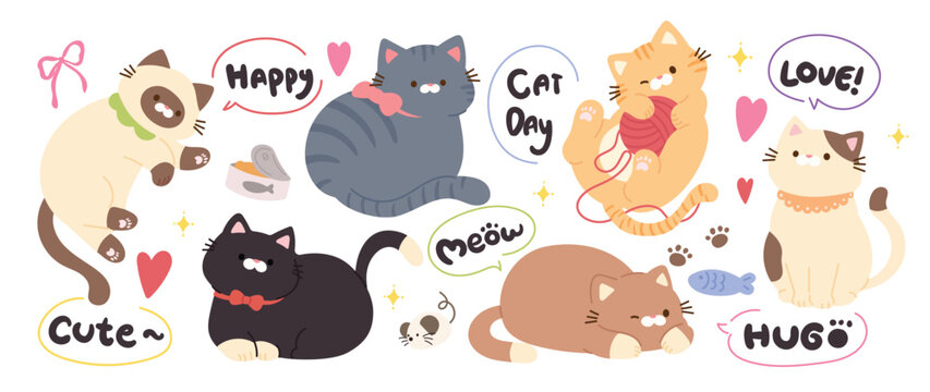 Naklejki Cute cats and funny kitten doodle vector set. Happy international cat day characters design collection with flat color in different poses. Set of adorable pet animals isolated on white background.