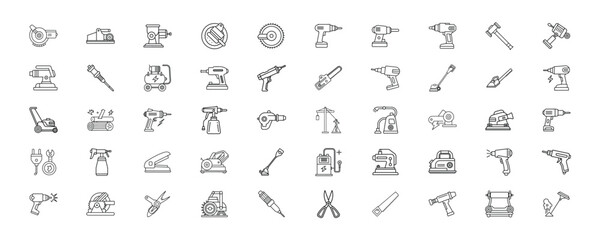 Collection of various power tools and construction equipment line art icons in black and white