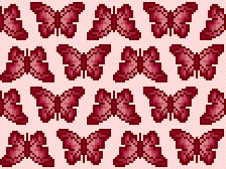 Seamless pixel background with red butterflies. 
