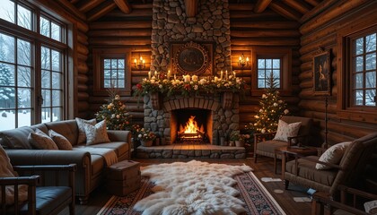 Obraz premium Cozy winter living room with a fireplace and Christmas decorations.