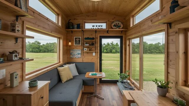 Cozy tiny house interior with natural light and greenery view