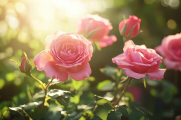 Fototapeta premium Lush pink roses bloom vibrantly in warm sunlight, creating a stunning garden display