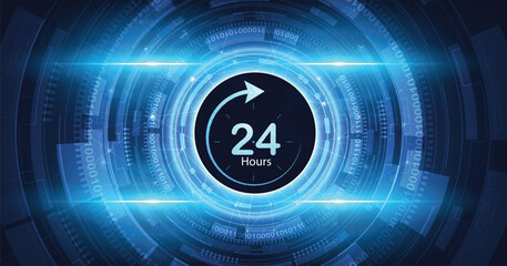 24-hours service concept. 24-hour circle arrow service icon vector illustration shows Customer service, Customer help, and Tech support on a dark blue background.	