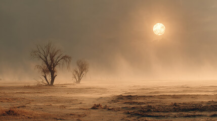 A cinematic depiction of a burnt rural landscape devastated by extreme drought.  Generative AI