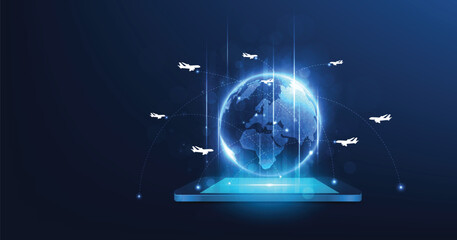 Obraz premium Logistics or transportation technology. airplanes with a motion path on the world map to deliver goods. 
