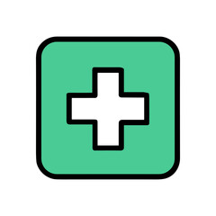 Emerald medical cross icon with black outline. Icon symbol illustration