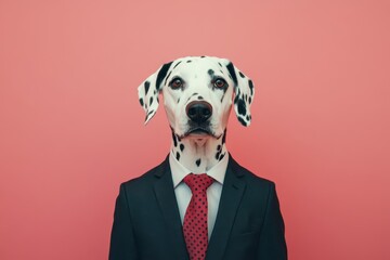 Dressed up dalmatian dog in a suit with a tie against a pink backdrop, showcasing a charming and anthropomorphic personality for a friendly appearance