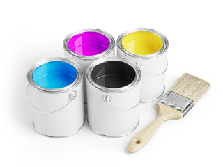 CMYK ink color paints in cans and brush - 3d illustration