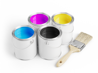 CMYK ink color paints in cans and brush - 3d illustration
