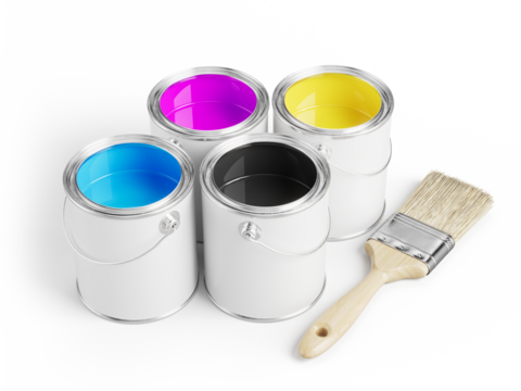 CMYK ink color paints in cans and brush - 3d illustration