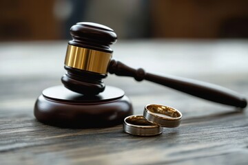 Judge gavel beside two wedding rings signifies the end of a marriage during a divorce proceeding in a courtroom setting
