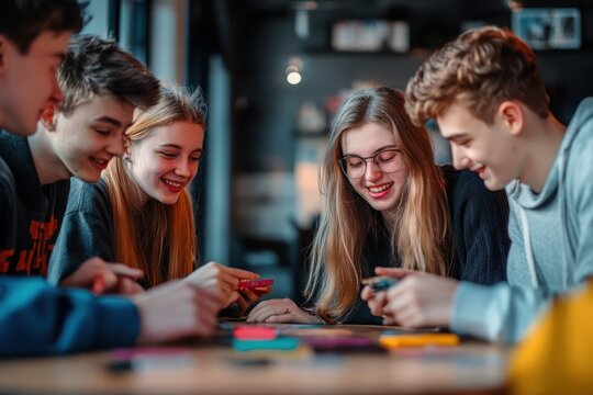 Group of young friends excitedly engaging in Alias game night at a cozy cafe, sharing laughter and creating lasting memories on a weekend evening