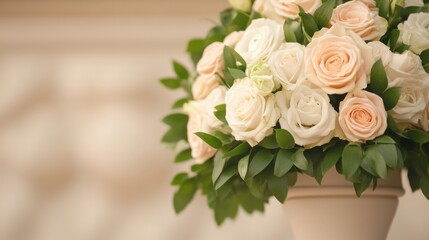 Fototapeta premium Elegant bouquet of white and peach roses in a vase, perfect for weddings and romantic occasions.