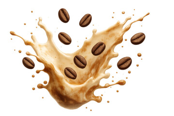 Dynamic coffee splash capturing airborne beans, spraying liquid droplets with energetic movement against clean transparent backdrop