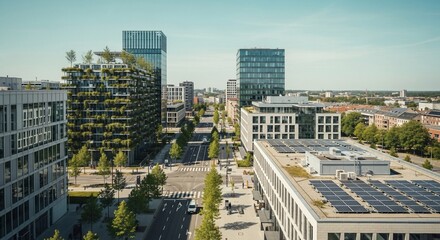 Modern Urban Landscape with Sustainable Architecture and Solar Panels