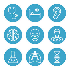 Medical icons in blue circles. Icon symbol illustration