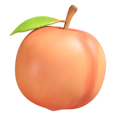 A soft 3D rendered peach, complete with its stem and a single green leaf, displays its characteristic subtle groove.