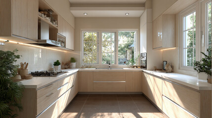 A stylish U-shaped open-plan kitchen featuring light wood cabinetry with a matte finish and a harmonious, minimalist layout. Generative AI