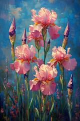 Pink irises bloom vibrantly against blue sky, showcasing their delicate petals and lush green stems. This artwork captures beauty and elegance of nature, evoking sense of tranquility and joy