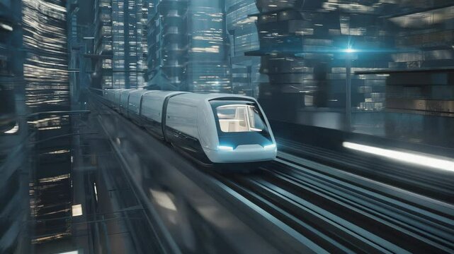 Sleek autonomous delivery pod glides smoothly on an elevated maglev track, futuristic urban skyline in background