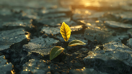 Vibrant green leaf sprouting from cracked, dry ground symbolizes resilience and hope in harsh environment. sunlight enhances scene, creating serene atmosphere