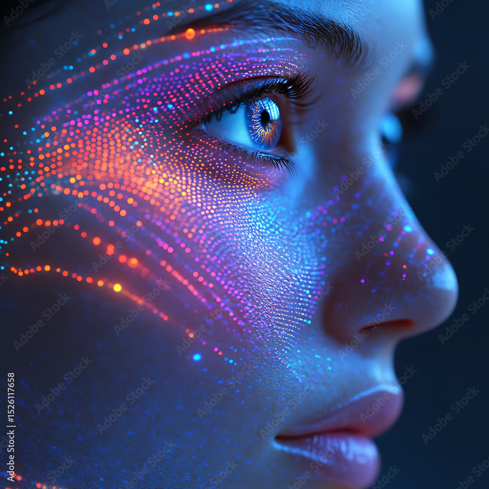 Poster close up of face with vibrant, colorful digital patterns illuminating skin, showcasing mesmerizing e