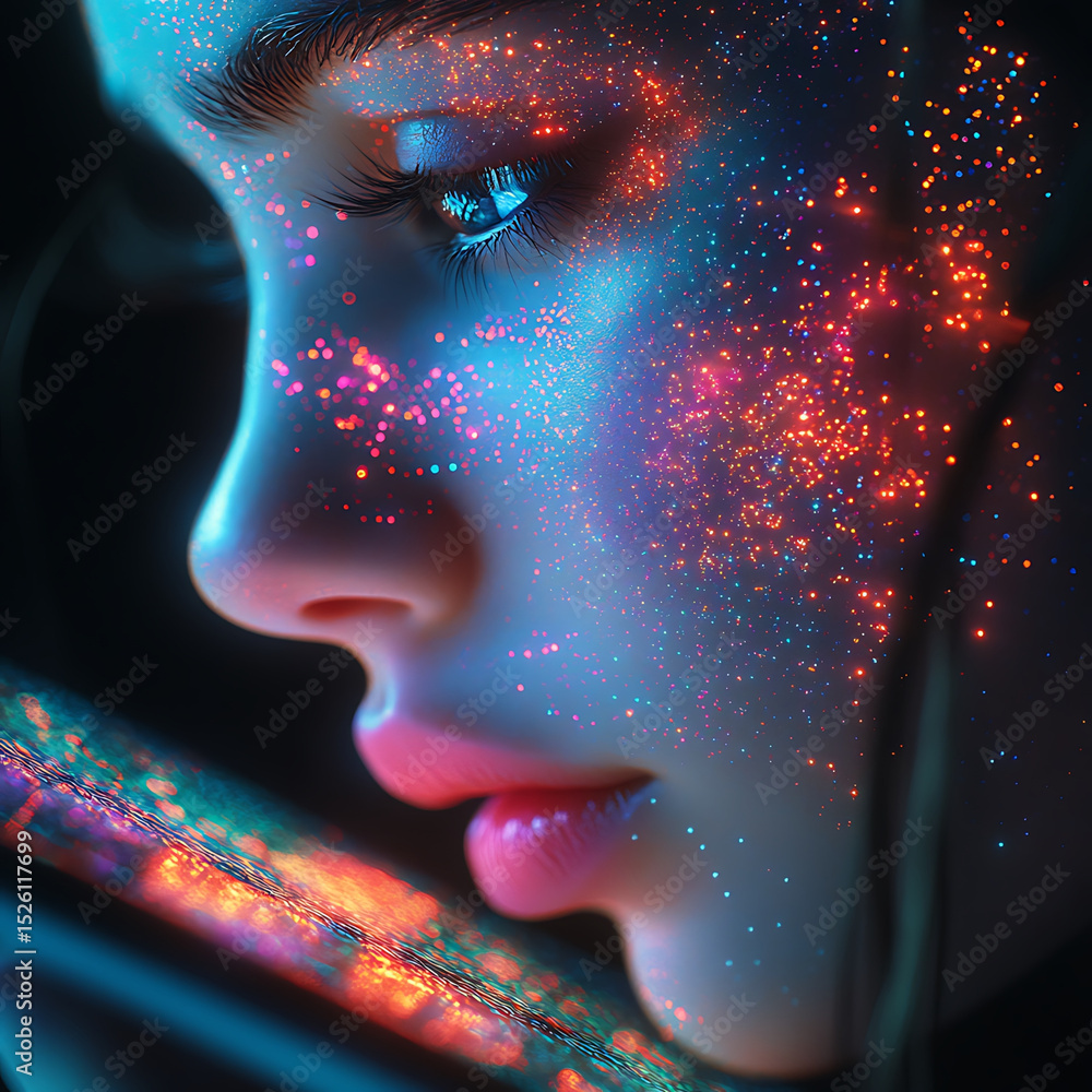 Poster close up side view of face illuminated by colorful lights, gazing intently at tablet device. vibrant