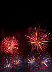 Fireworks American National Day anniversary party in black night background. Beautiful Fireworks in the Fourth of July Concept- Banner image.