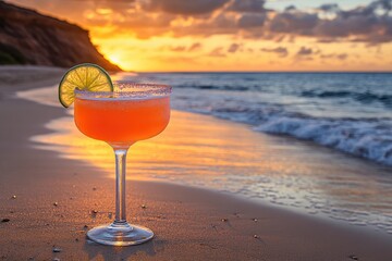 Sunset Margarita on Sandy Beach with Ocean Waves
