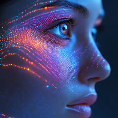 Close up of face with vibrant, colorful digital patterns illuminating skin, showcasing mesmerizing eye and artistic expression. glowing dots create stunning visual effect