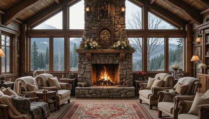 Cozy living room with a fireplace and mountain views.