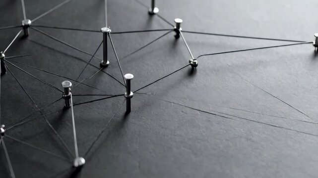 Network of metal push pins connected with string on a dark textured surface for concept of connections and complex relationships.