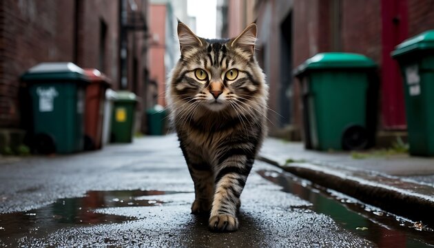 A tabby cat walks confidently down a wet alleyway. Trash bins line the sides, and the ground reflects the surrounding buildings.