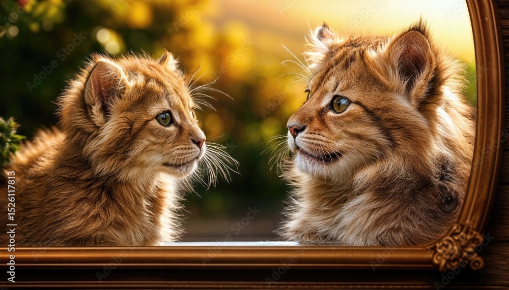Poster Cute Kitten Perplexed by Reflection of a Regal Lion in Mirror, Captivating Contrast Between Playful and Majestic in Whimsical Setting