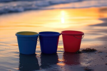 Colorful sand play buckets filled with joy sit by the ocean at sunset, capturing the essence of beach playtime