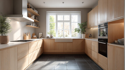 A stylish U-shaped open-plan kitchen featuring light wood cabinetry with a matte finish and a harmonious, minimalist layout. Generative AI