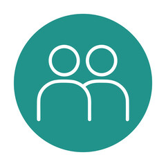 Teal circle with white outline of two people. Icon symbol illustration