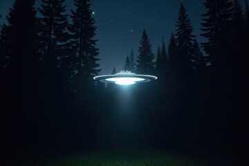 A glowing UFO hovers silently over a dark forest at night, with tall trees and a starry sky in the background. The scene feels mysterious and calm