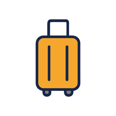 Upright yellow suitcase with blue outlines. Icon symbol illustration