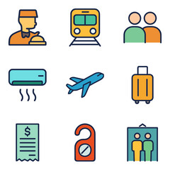 Vibrant travel icons create visual map. Icon symbol illustration