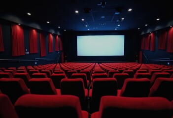 Empty cinema with glowing screen and rows of red seats