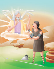 Cartoon illustration of a divine figure speaking to a kneeling warrior, symbolizing the heavenly...