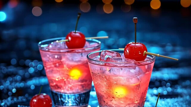 Two glasses of vibrant pink cocktails, garnished with maraschino cherries, on a dark, shimmering background